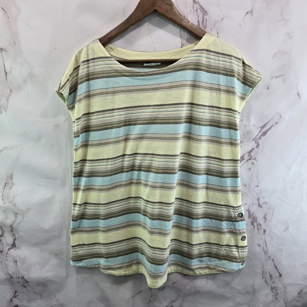 J Jill T Shirt Womens Large Yellow Blue Brown Striped Boat Neck Tee Button